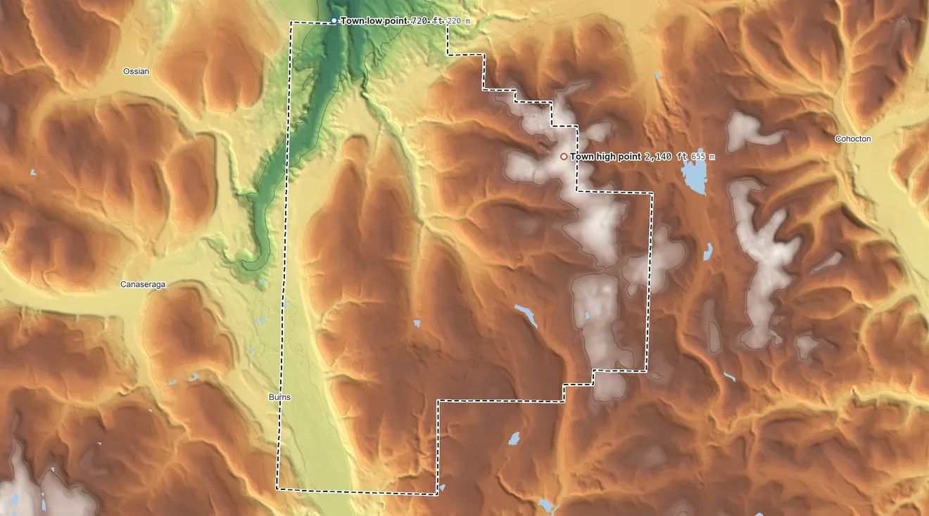 Topographic elevation map of Town of Dansville, New York, shaded from 720 ft on the northwest side to 2,140 ft on the northeast side