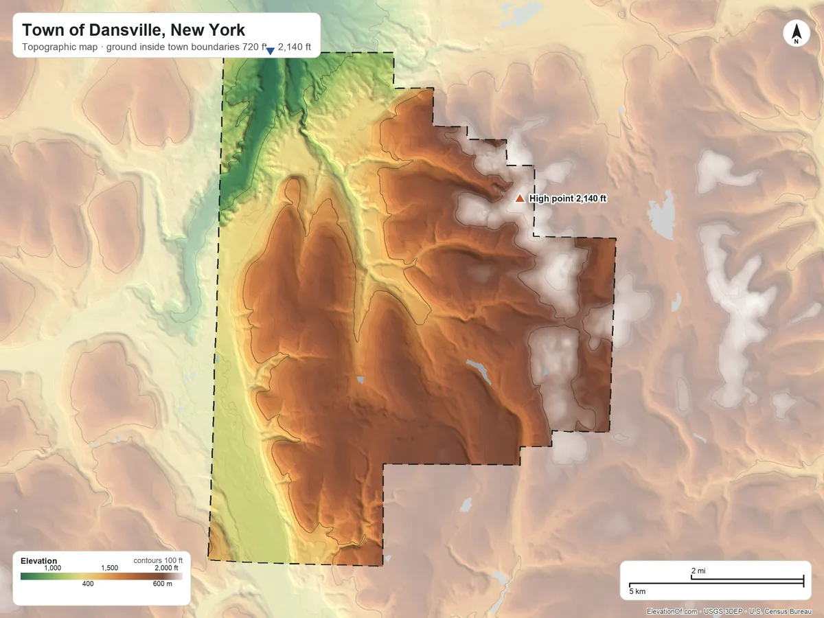 Topographic elevation map of Town of Dansville, New York, shaded from 720 ft on the northwest side to 2,140 ft on the northeast side