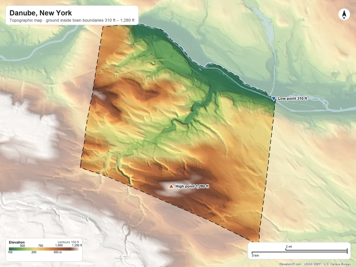 Topographic elevation map of Danube, New York, shaded from 310 ft on the east side to 1,280 ft on Firey Hill