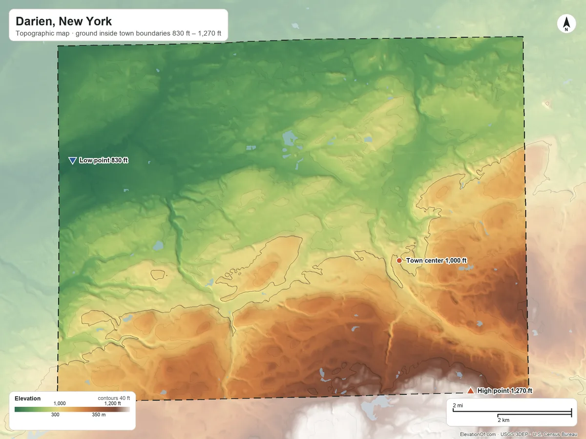 Topographic elevation map of Darien, New York, shaded from 830 ft on the west side to 1,270 ft on the southeast side