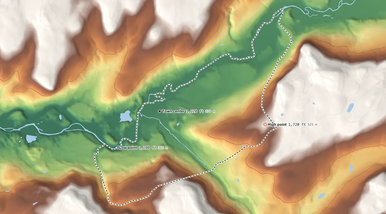 Topographic elevation map of Davenport Center, New York, shaded from 1,200 ft on the southwest side to 1,720 ft on the east edge, below higher ground just outside