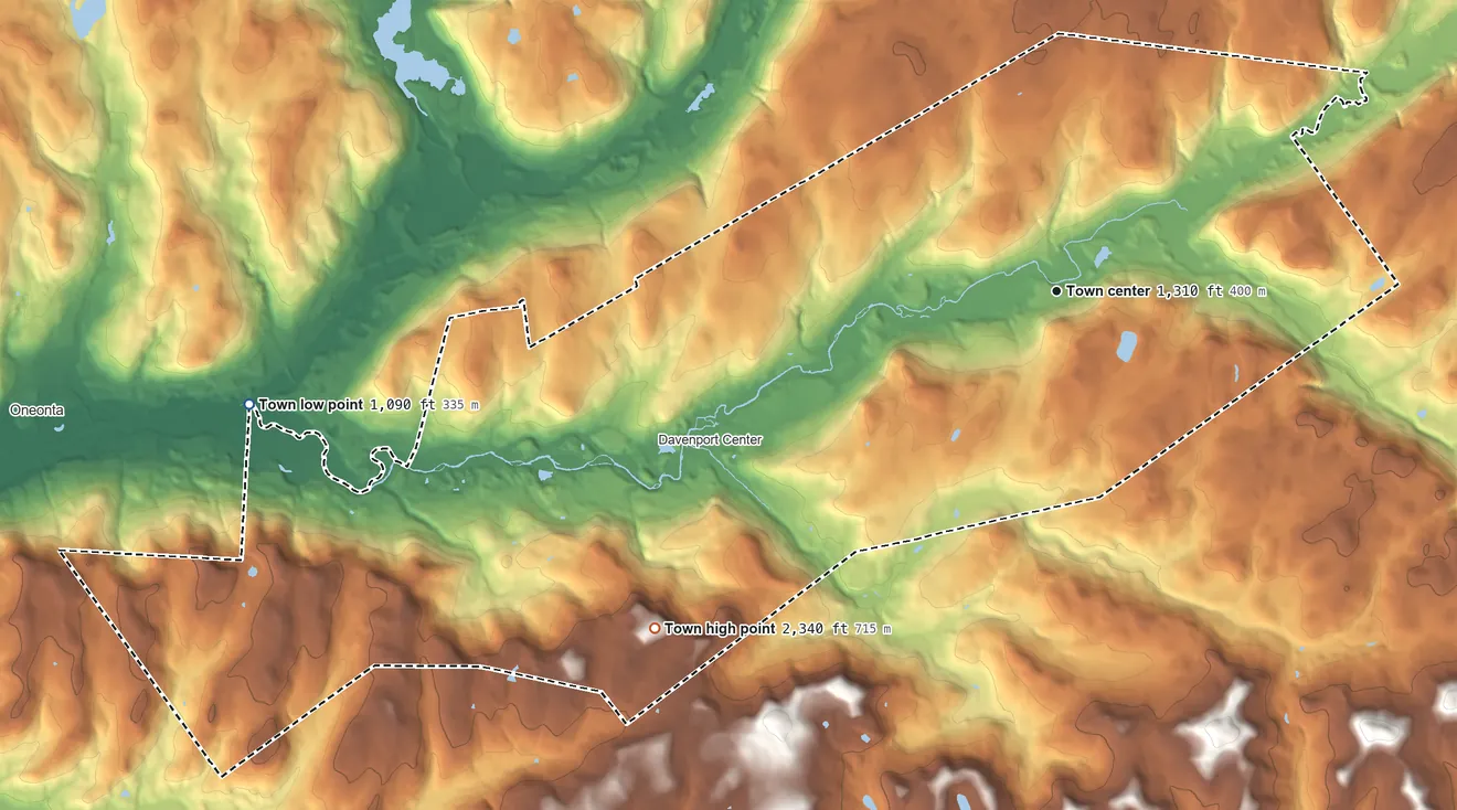 Topographic elevation map of Davenport, New York, shaded from 1,090 ft on the west side to 2,340 ft on the southwest side