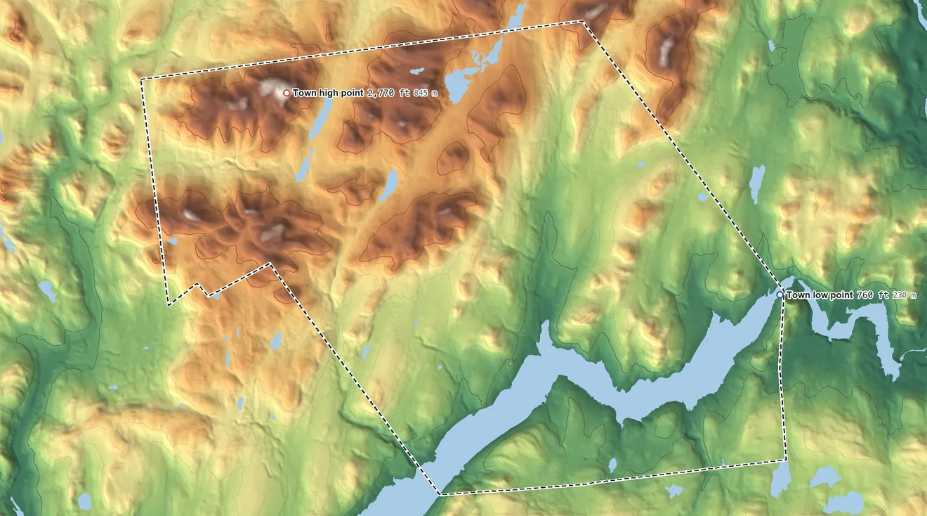 Topographic elevation map of Day, New York, shaded from 760 ft on the northeast side to 2,767 ft on Tenant Mountain