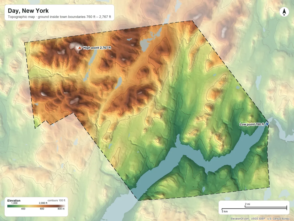 Topographic elevation map of Day, New York, shaded from 760 ft on the northeast side to 2,767 ft on Tenant Mountain