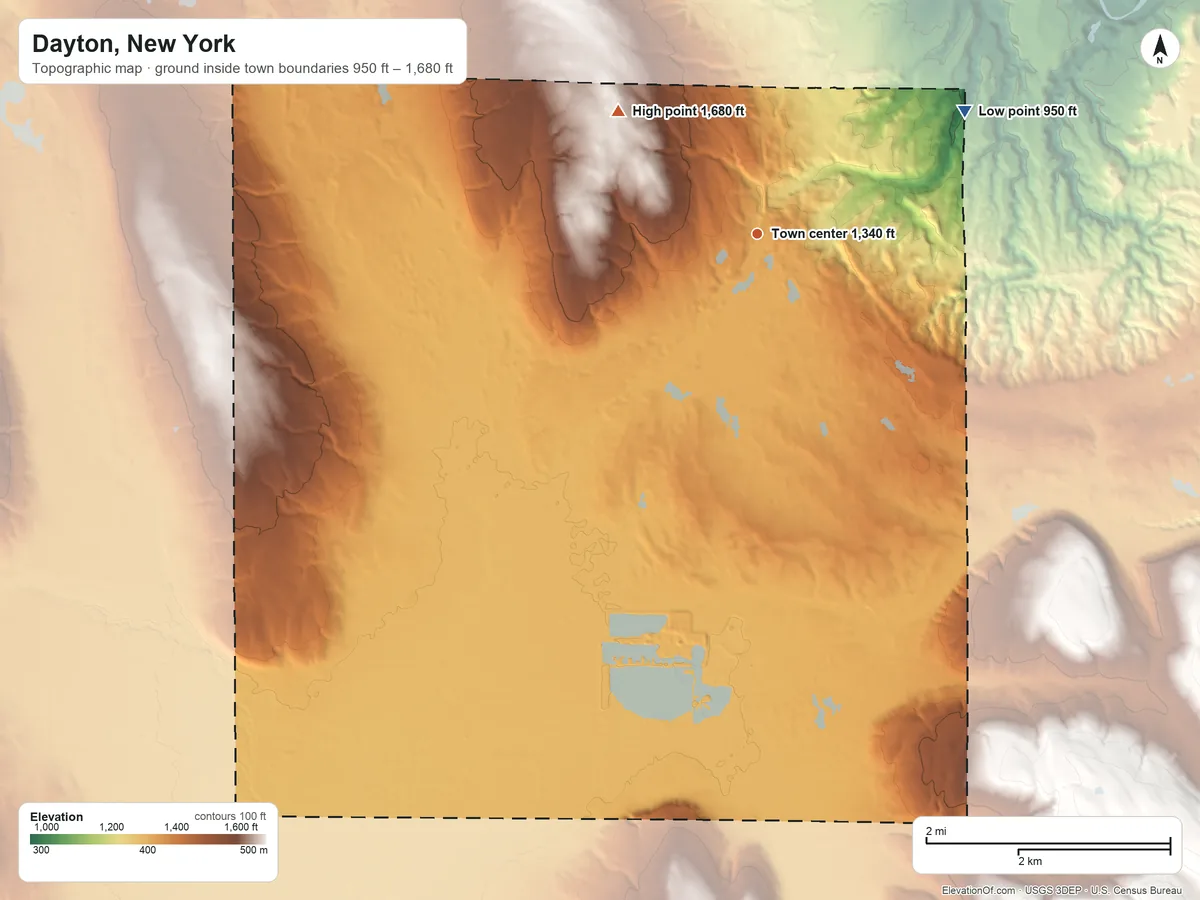 Topographic elevation map of Dayton, New York, shaded from 950 ft on the northeast side to 1,680 ft on the northwest side