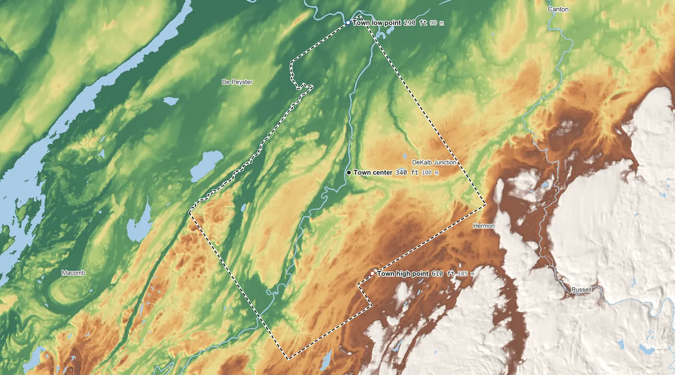 Topographic elevation map of De Kalb, New York, shaded from 290 ft on the north side to 610 ft on the south side