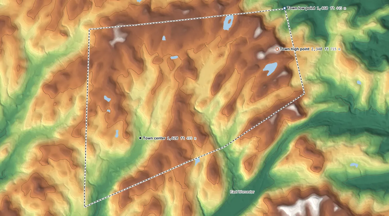 Topographic elevation map of Decatur, New York, shaded from 1,460 ft on the northeast side to 2,340 ft on the northeast side