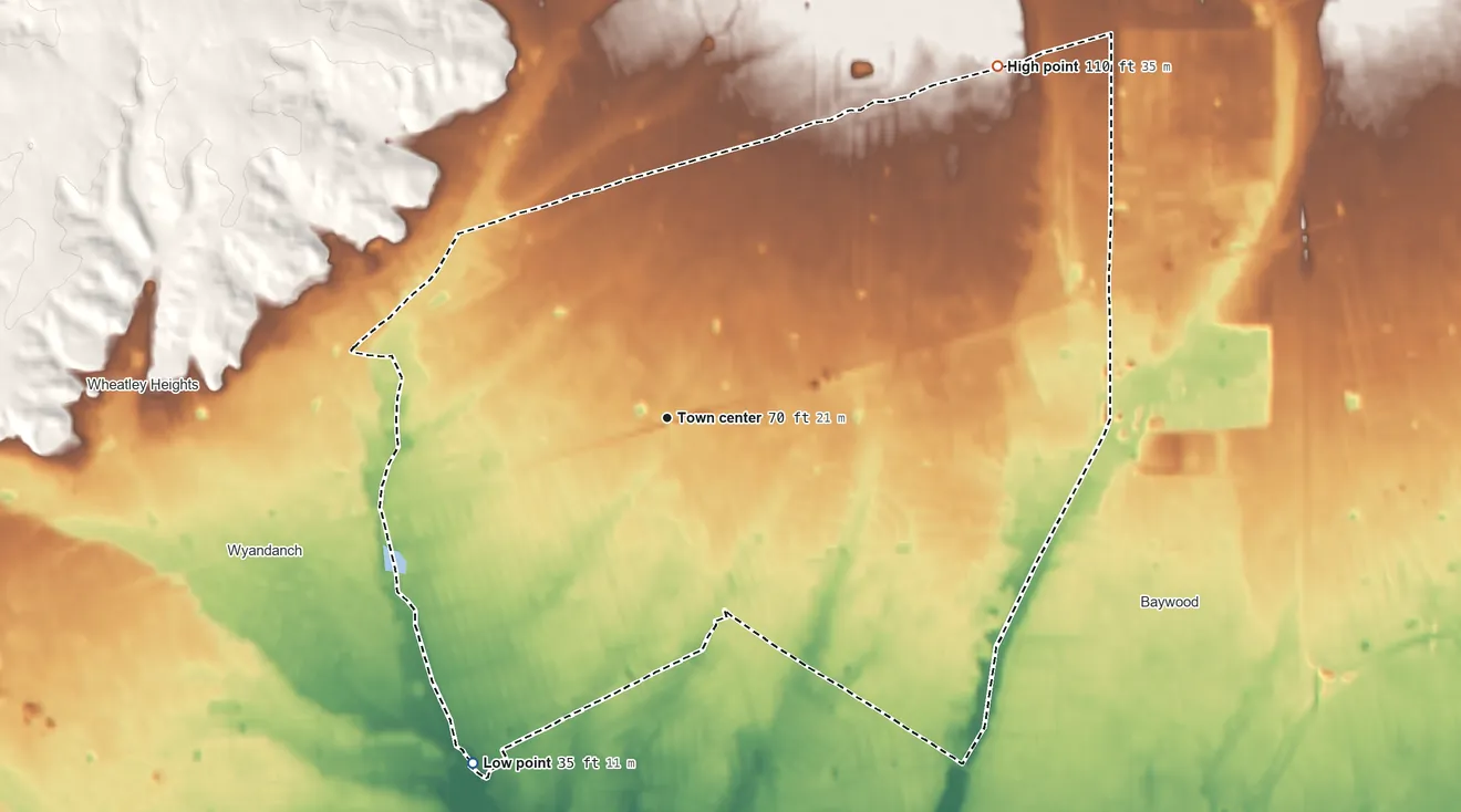 Topographic elevation map of Deer Park, New York, shaded from 35 ft on the southwest side to 110 ft on the northeast side
