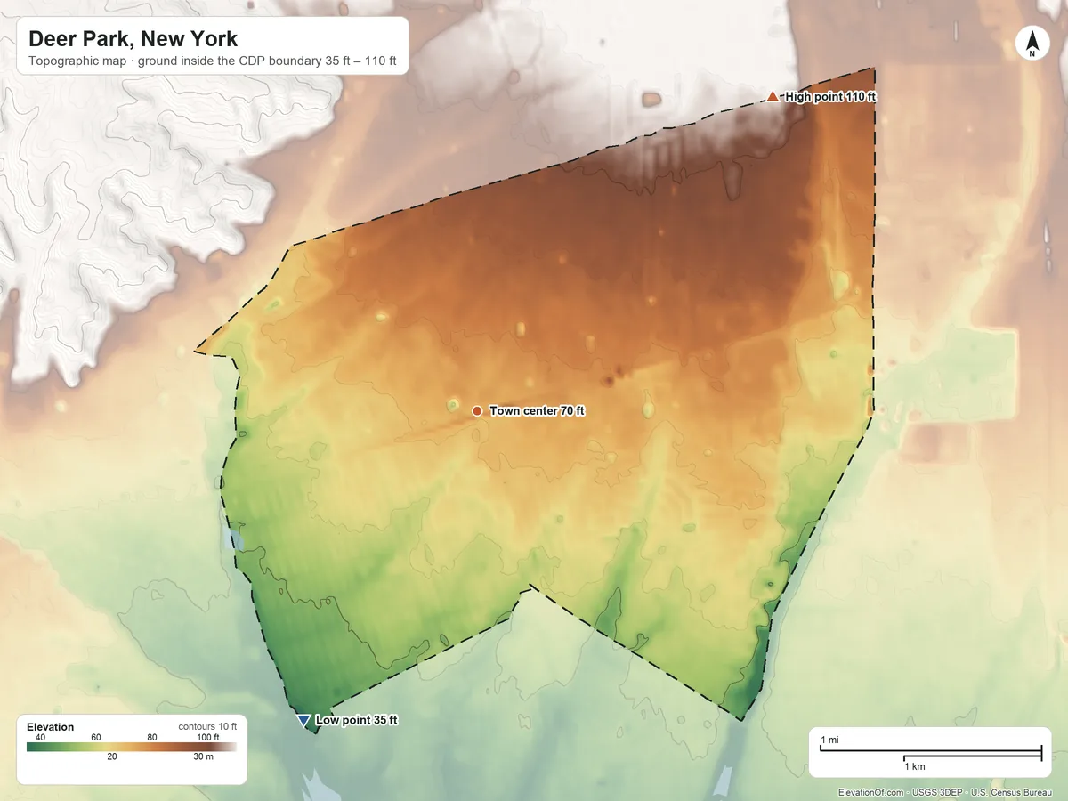 Topographic elevation map of Deer Park, New York, shaded from 35 ft on the southwest side to 110 ft on the northeast side