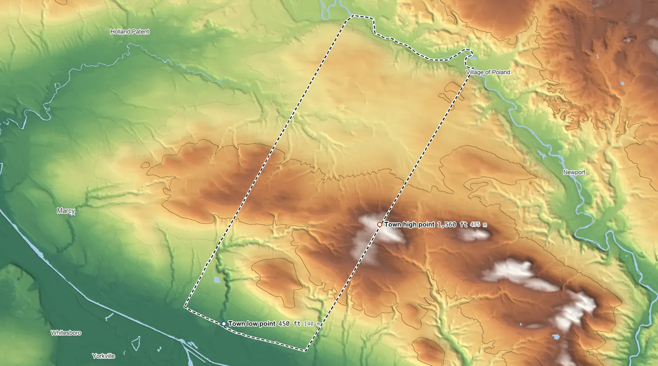 Topographic elevation map of Deerfield, New York, shaded from 450 ft on the southwest side to 1,560 ft on the northeast side