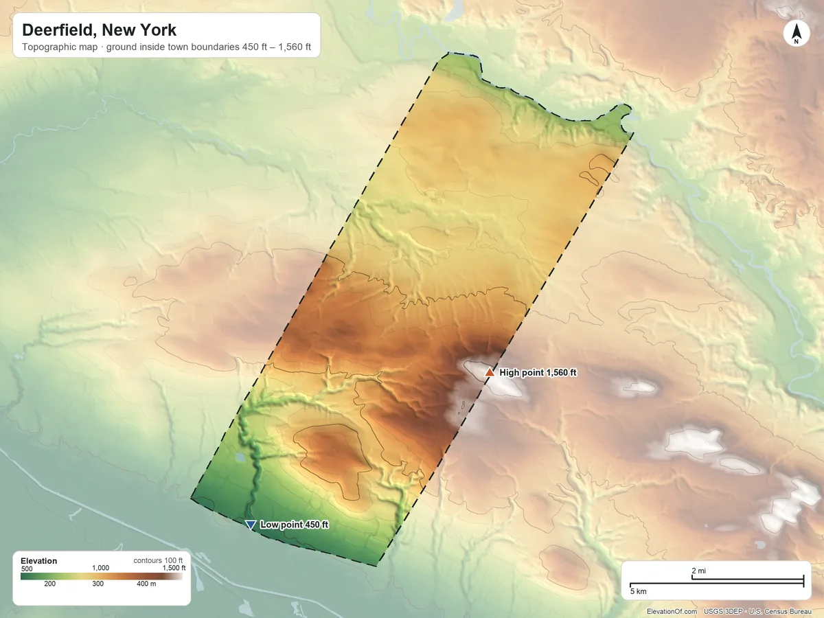Topographic elevation map of Deerfield, New York, shaded from 450 ft on the southwest side to 1,560 ft on the northeast side