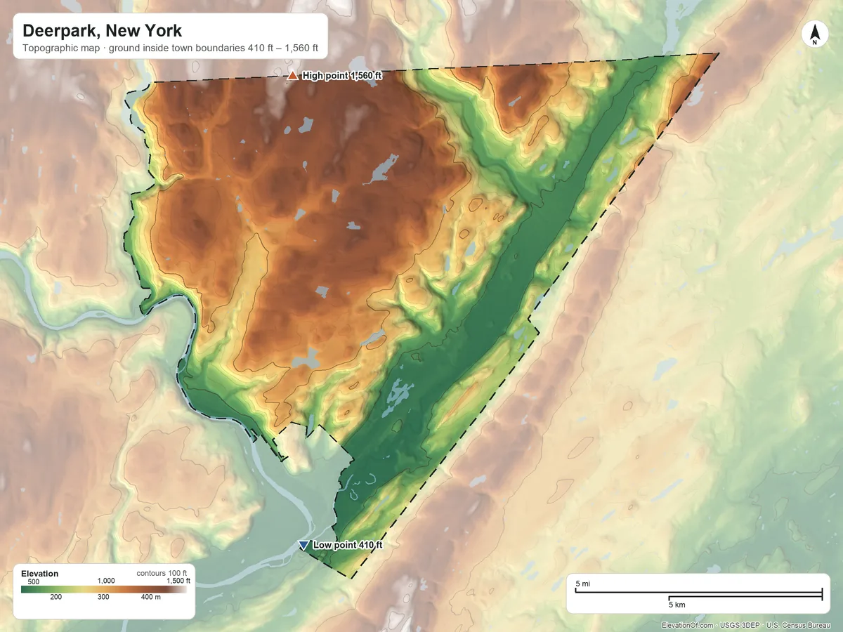Topographic elevation map of Deerpark, New York, shaded from 410 ft on the south side to 1,560 ft on the northwest side