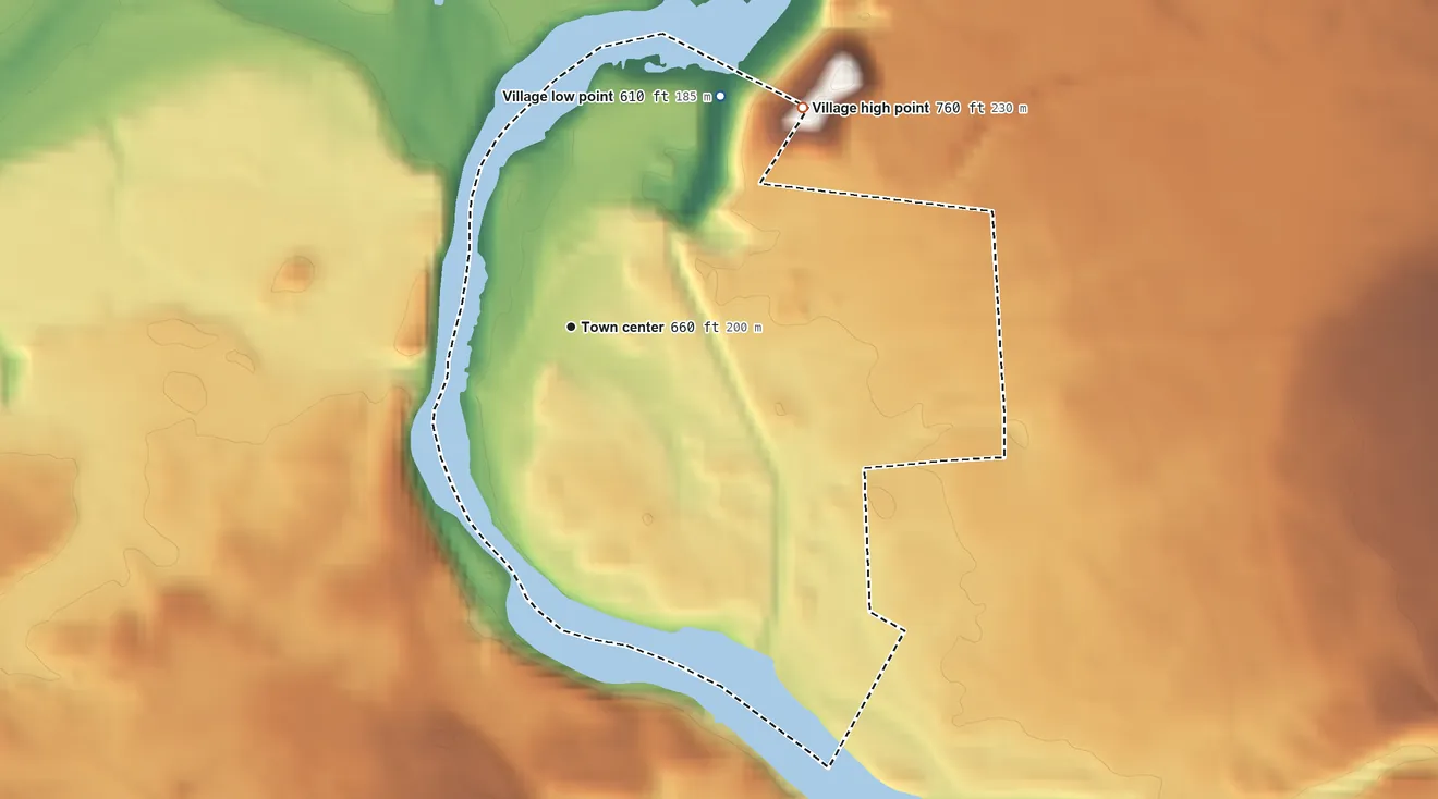 Topographic elevation map of Deferiet, New York, shaded from 610 ft on the northeast side to 760 ft on the northeast side