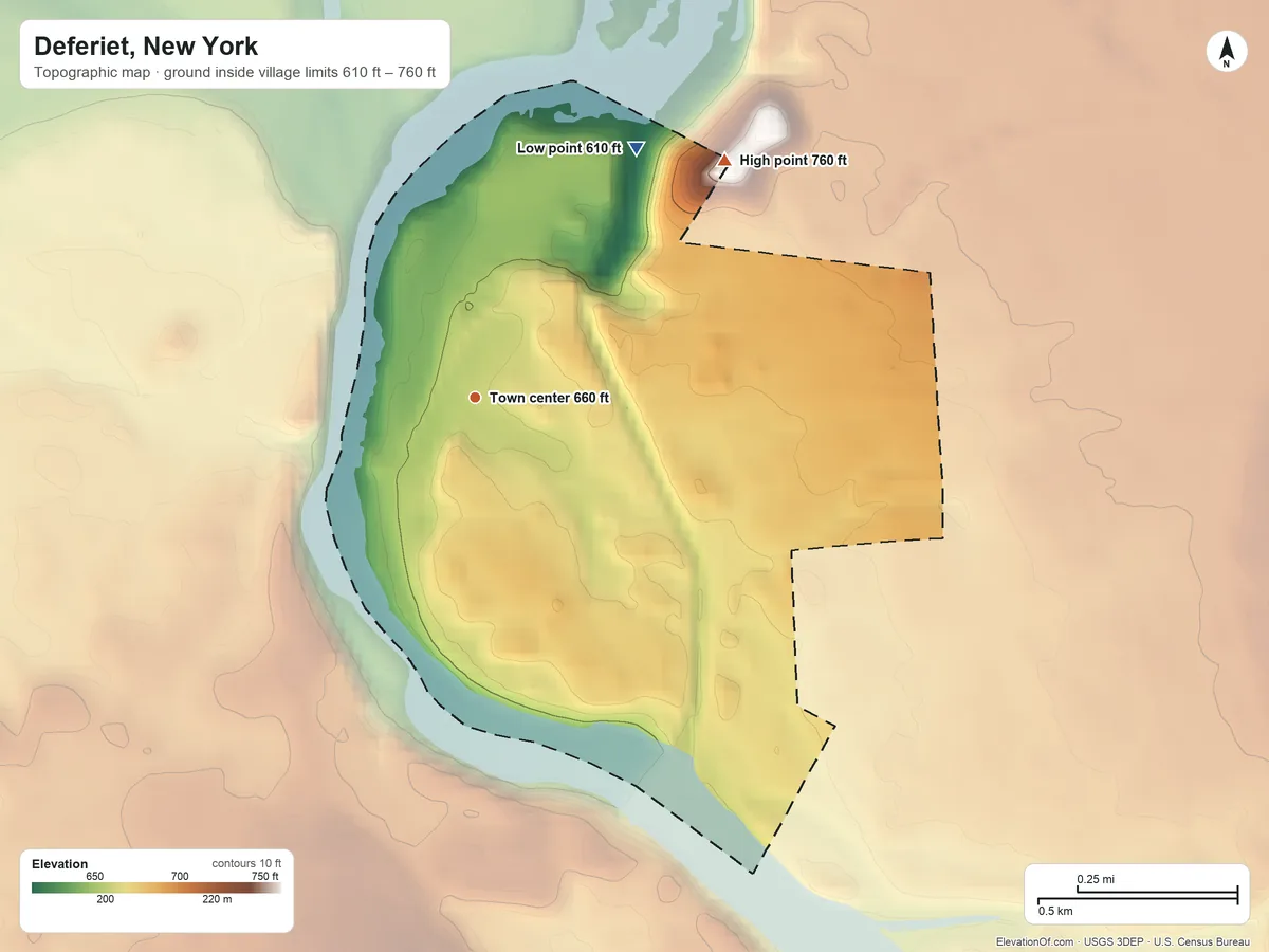 Topographic elevation map of Deferiet, New York, shaded from 610 ft on the northeast side to 760 ft on the northeast side