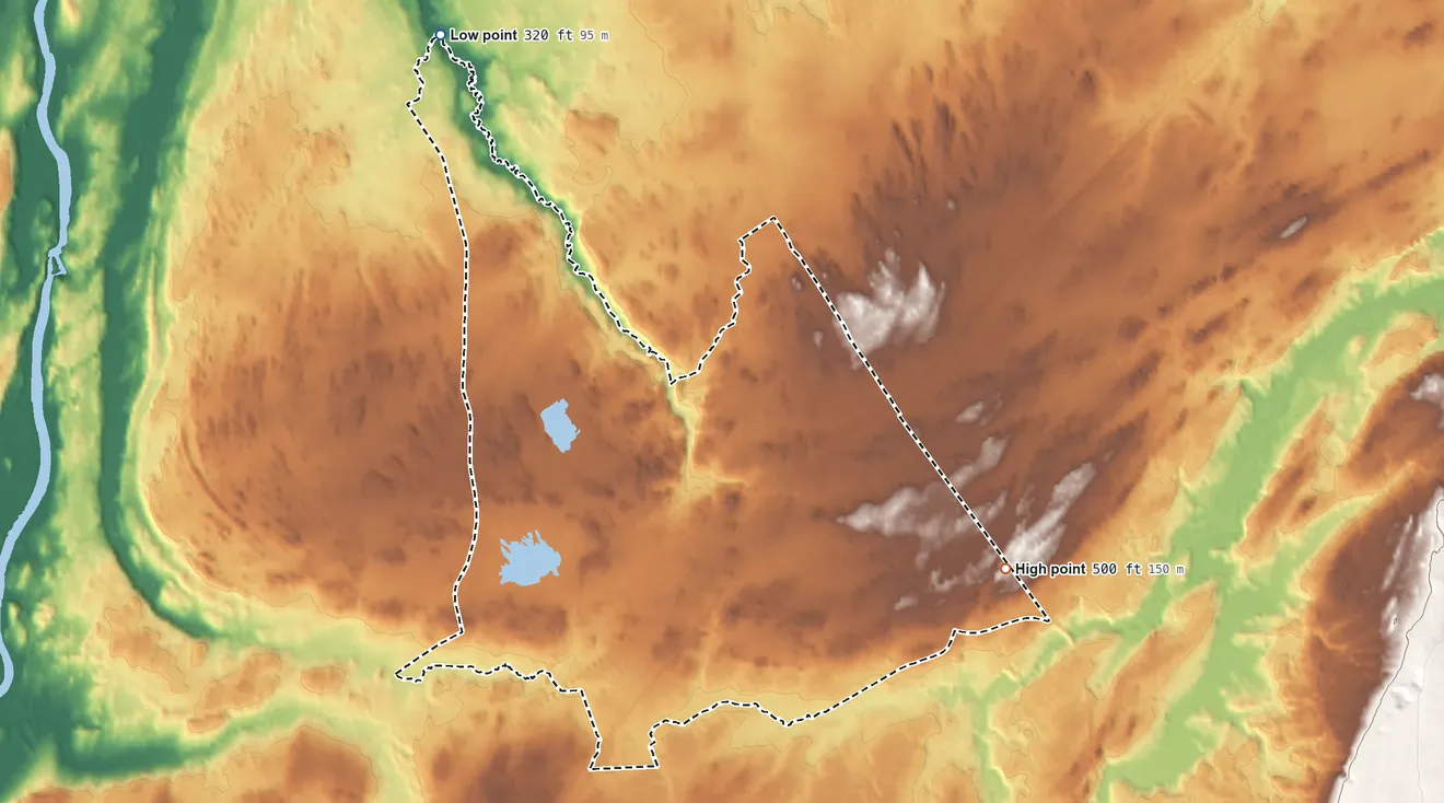 Topographic elevation map of DeKalb Junction, New York, shaded from 320 ft on the northwest side to 500 ft on the southeast side