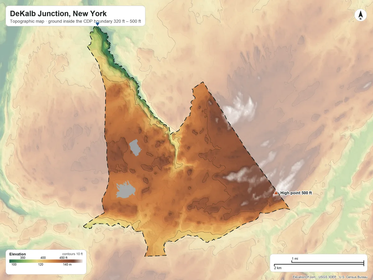 Topographic elevation map of DeKalb Junction, New York, shaded from 320 ft on the northwest side to 500 ft on the southeast side