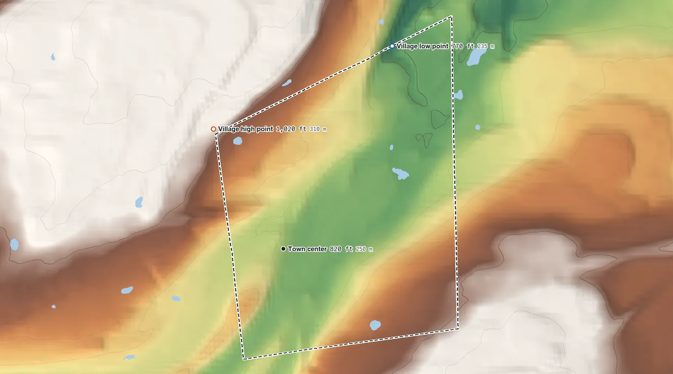 Topographic elevation map of Delanson, New York, shaded from 770 ft on the northeast side to 1,020 ft on the northwest side