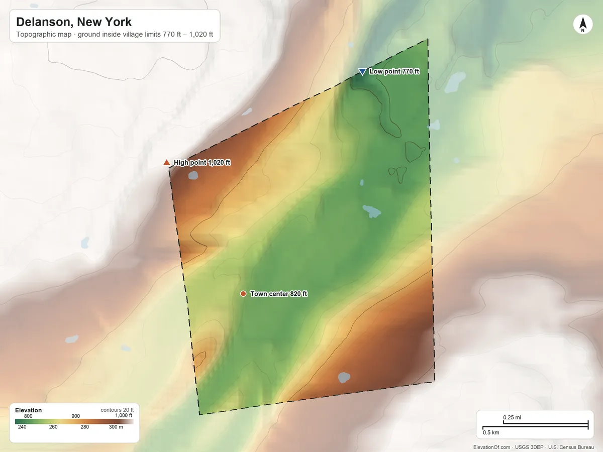 Topographic elevation map of Delanson, New York, shaded from 770 ft on the northeast side to 1,020 ft on the northwest side