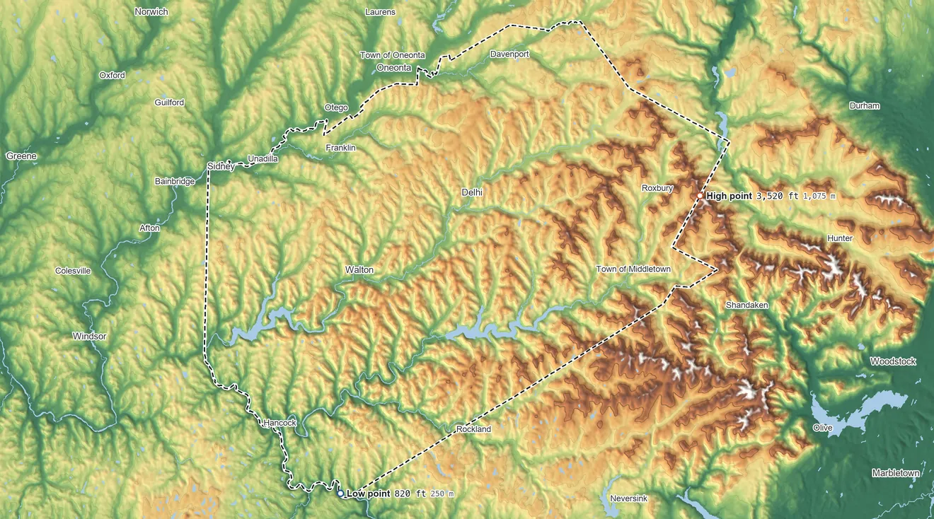 Topographic elevation map of Delaware County, New York, shaded from 820 ft on the southwest side to 3,520 ft on Bearpen Mountain