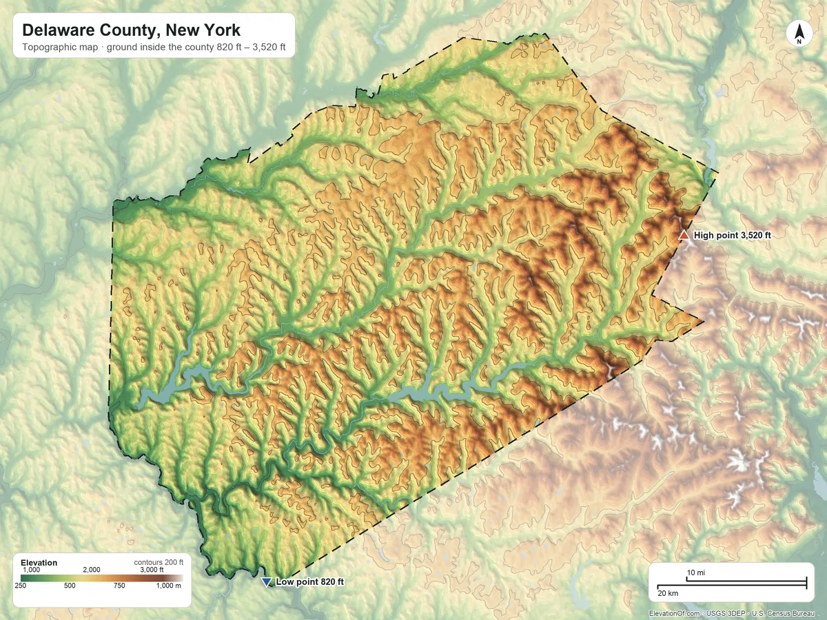 Topographic elevation map of Delaware County, New York, shaded from 820 ft on the southwest side to 3,520 ft on Bearpen Mountain