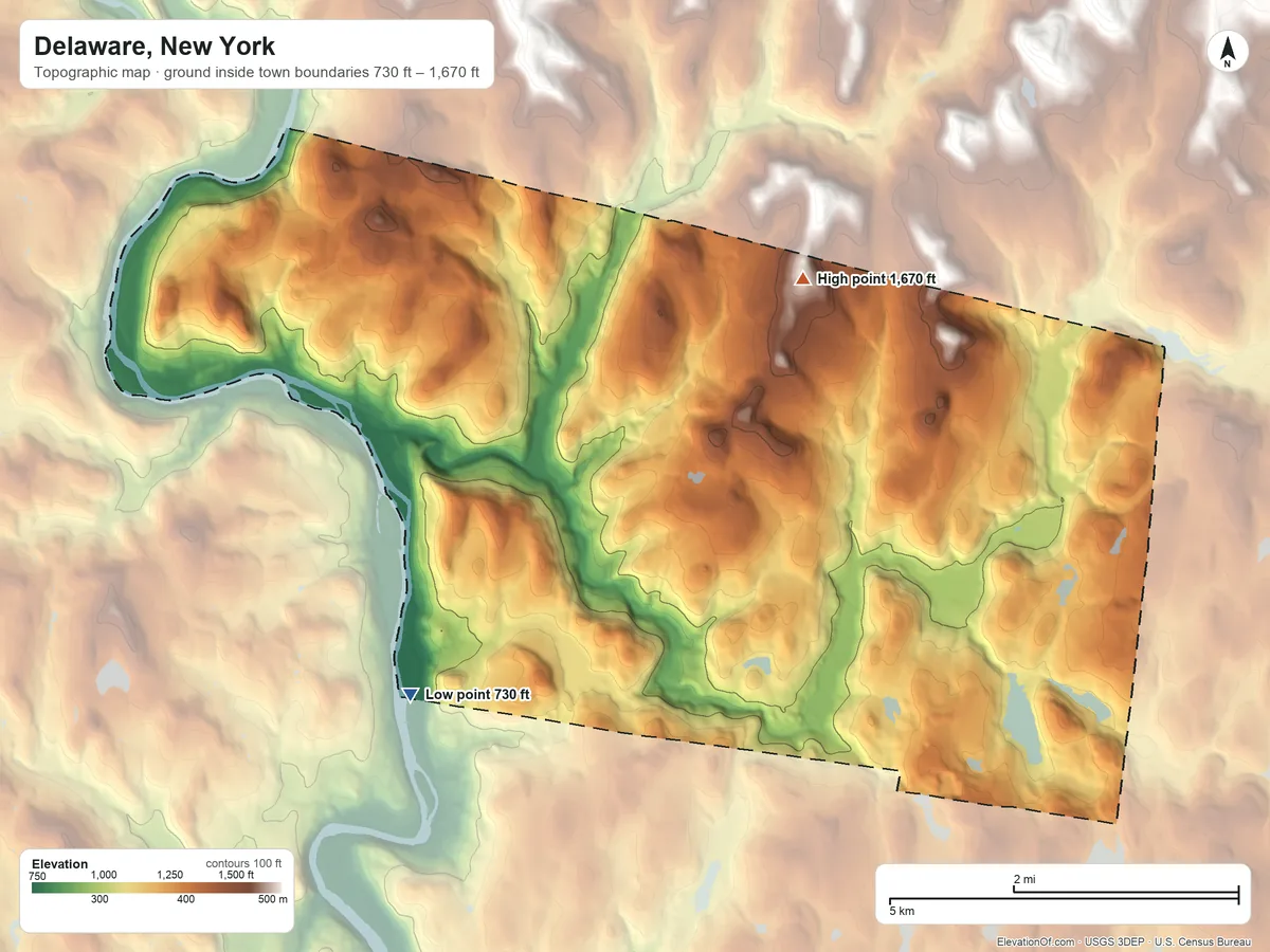Topographic elevation map of Delaware, New York, shaded from 730 ft on the southwest side to 1,670 ft on the northeast side