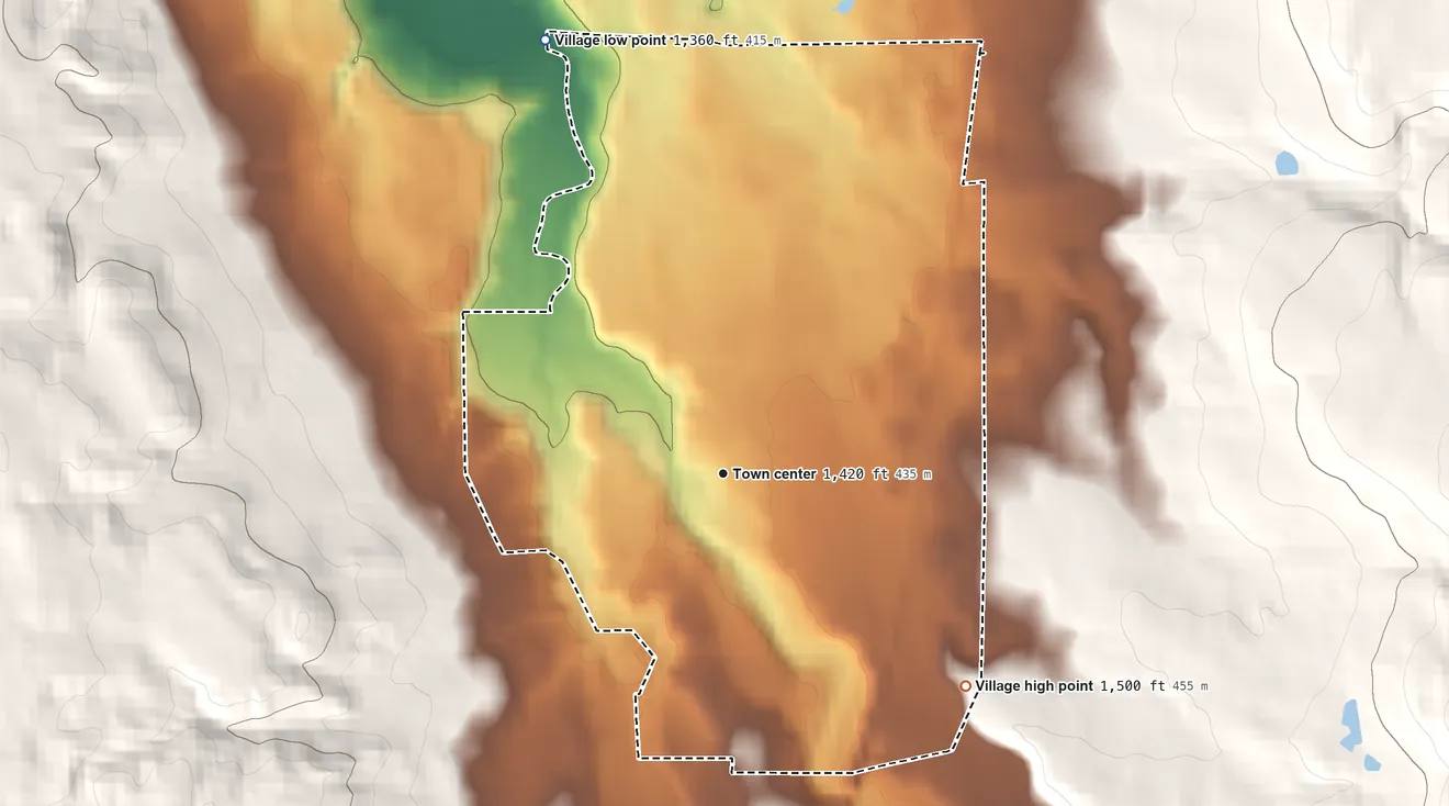 Topographic elevation map of Delevan, New York, shaded from 1,360 ft on the north side to 1,500 ft on the southeast edge, below higher ground just outside