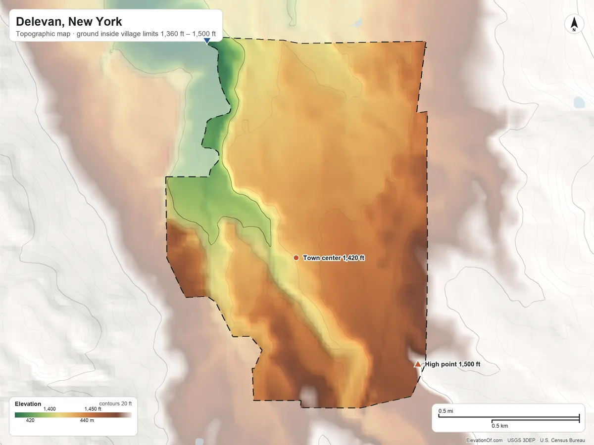 Topographic elevation map of Delevan, New York, shaded from 1,360 ft on the north side to 1,500 ft on the southeast edge, below higher ground just outside