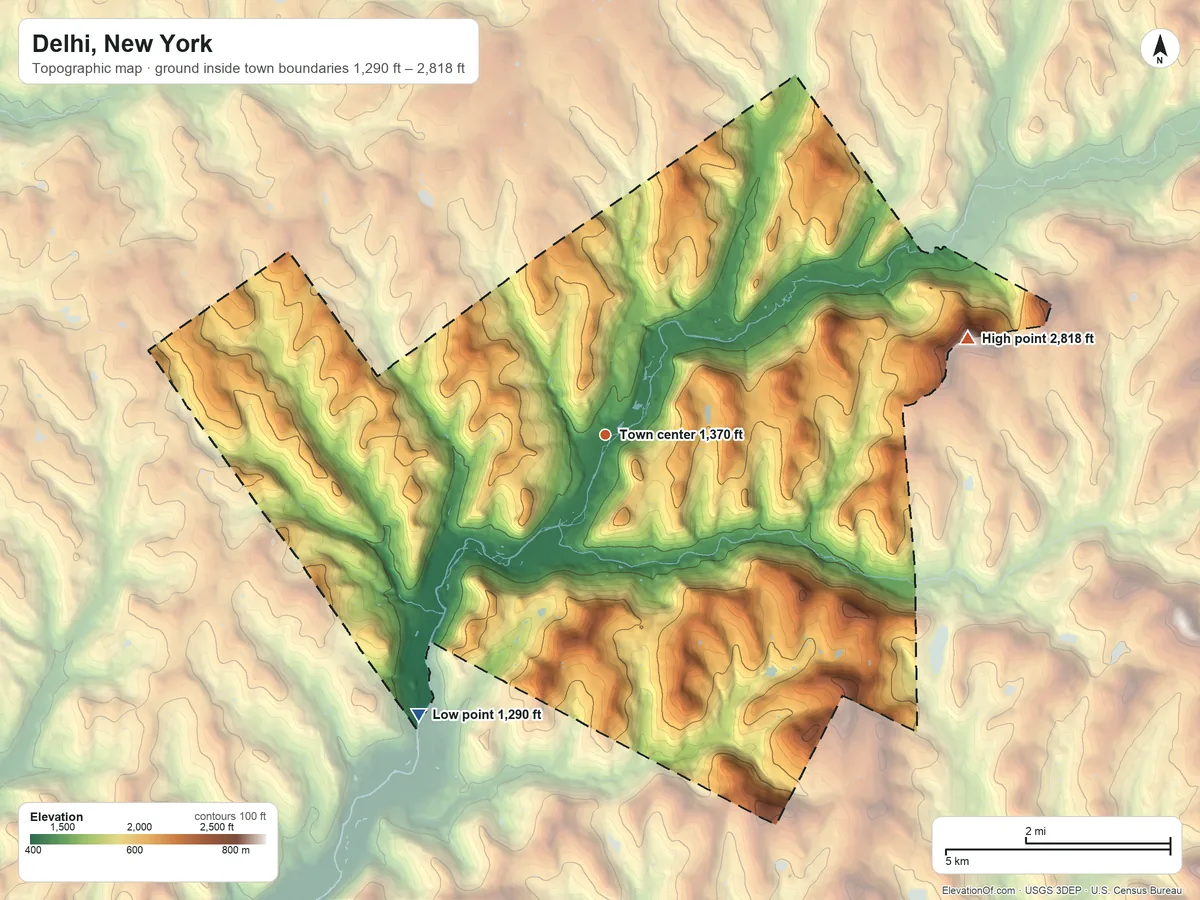 Topographic elevation map of Delhi, New York, shaded from 1,290 ft on the southwest side to 2,818 ft on Bramley Mountain