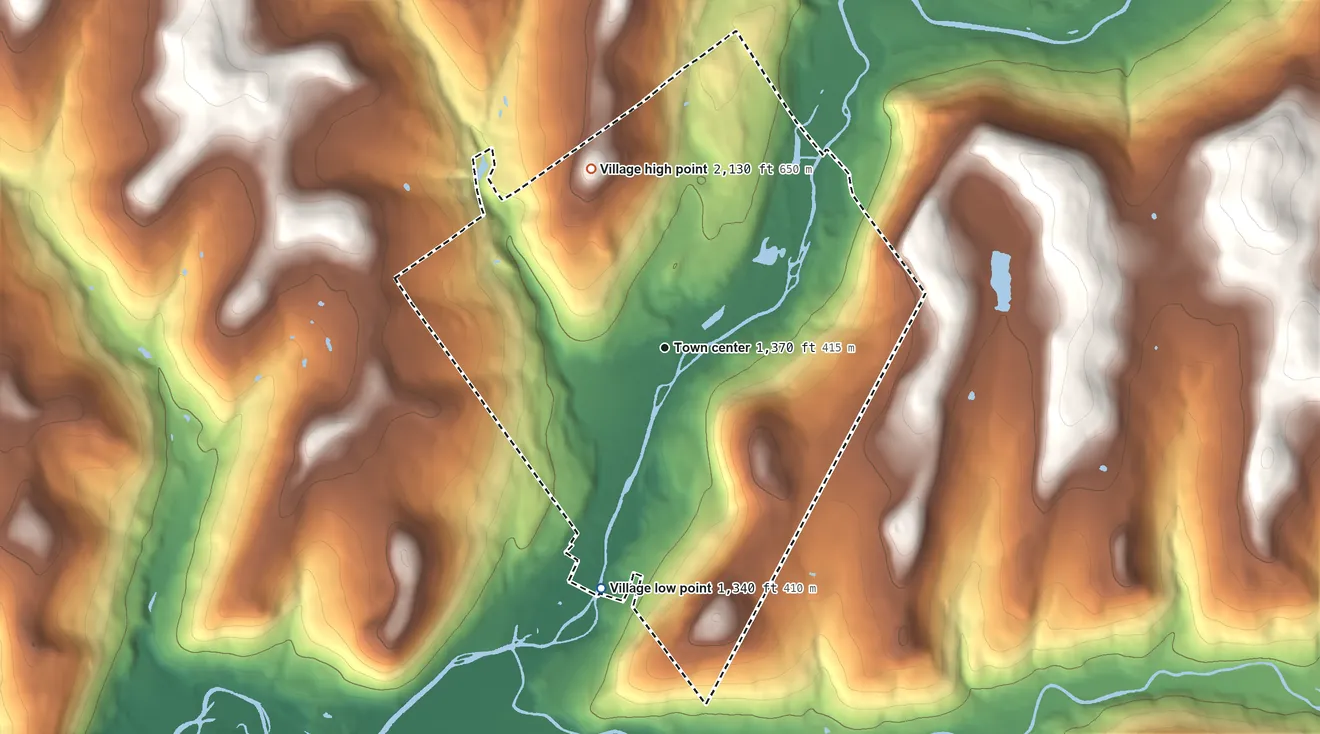 Topographic elevation map of Village of Delhi, New York, shaded from 1,340 ft on the south side to 2,130 ft on the north side