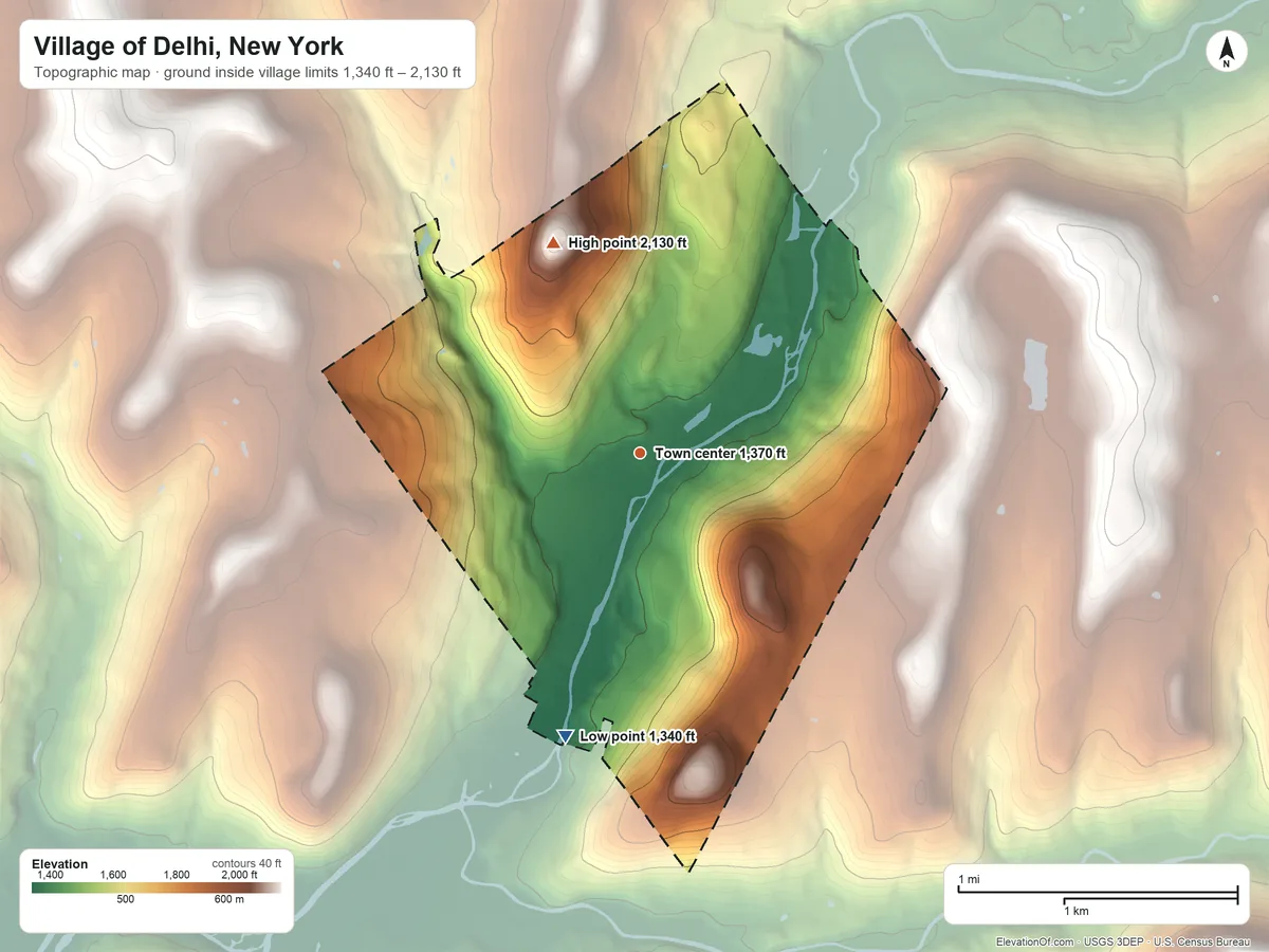 Topographic elevation map of Village of Delhi, New York, shaded from 1,340 ft on the south side to 2,130 ft on the north side