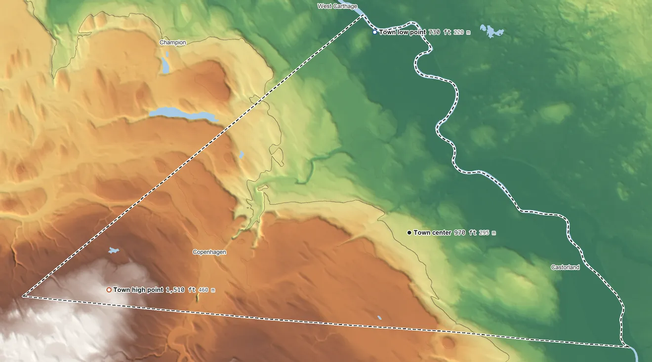 Topographic elevation map of Denmark, New York, shaded from 730 ft on the north side to 1,510 ft on the west side
