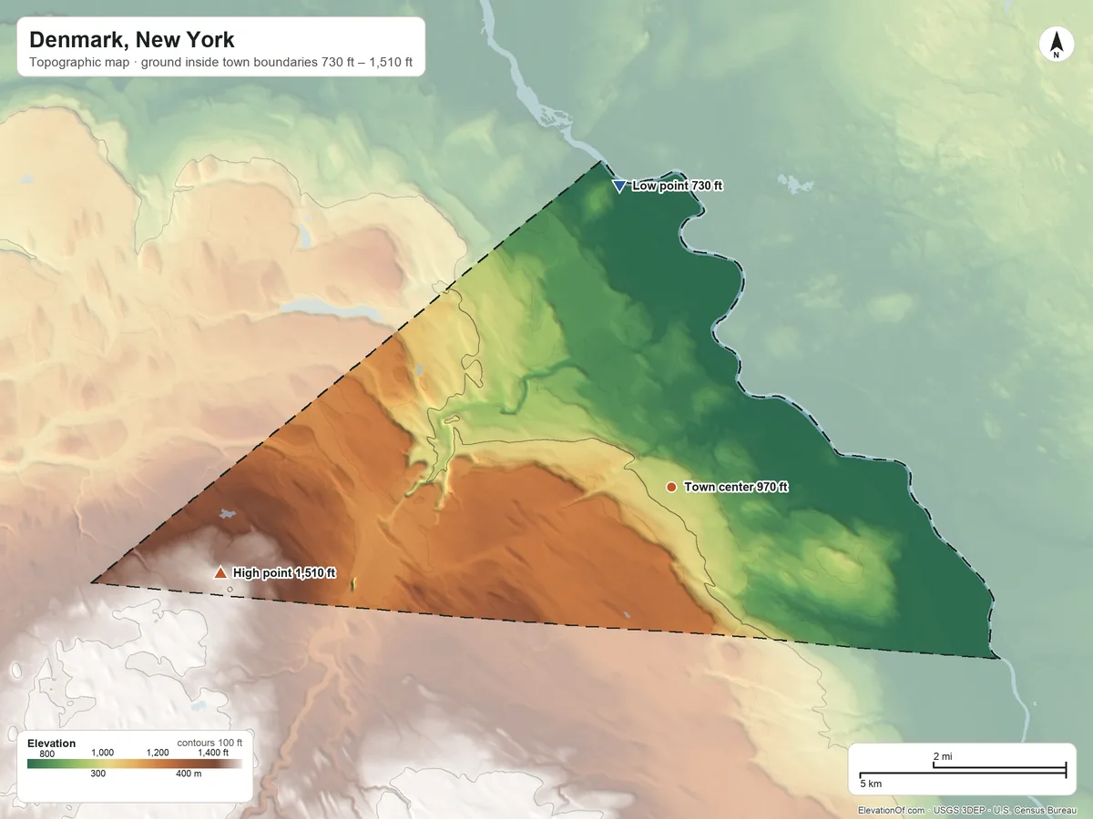 Topographic elevation map of Denmark, New York, shaded from 730 ft on the north side to 1,510 ft on the west side