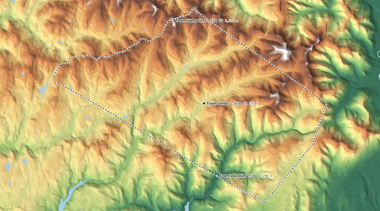 Topographic elevation map of Denning, New York, shaded from 950 ft on the south side to 3,870 ft on Doubletop Mountain