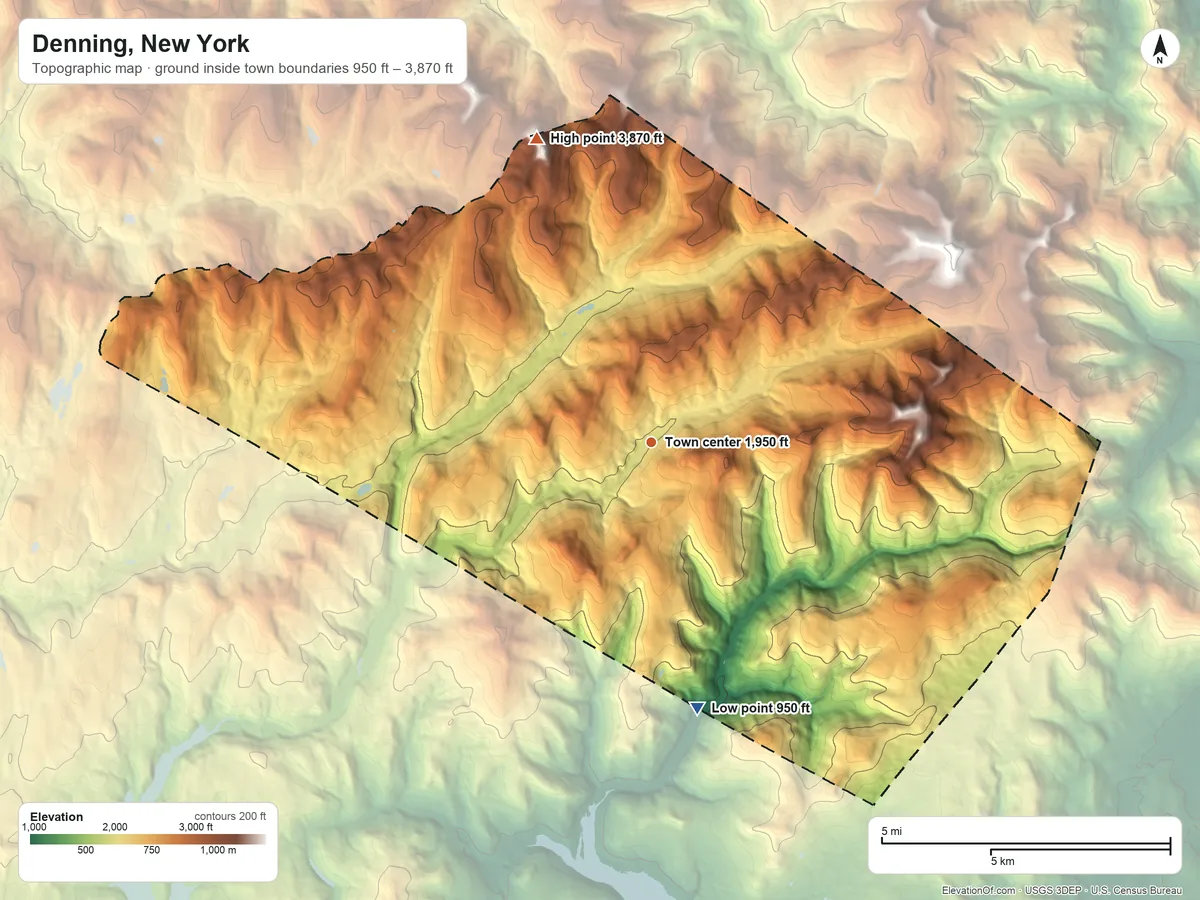Topographic elevation map of Denning, New York, shaded from 950 ft on the south side to 3,870 ft on Doubletop Mountain