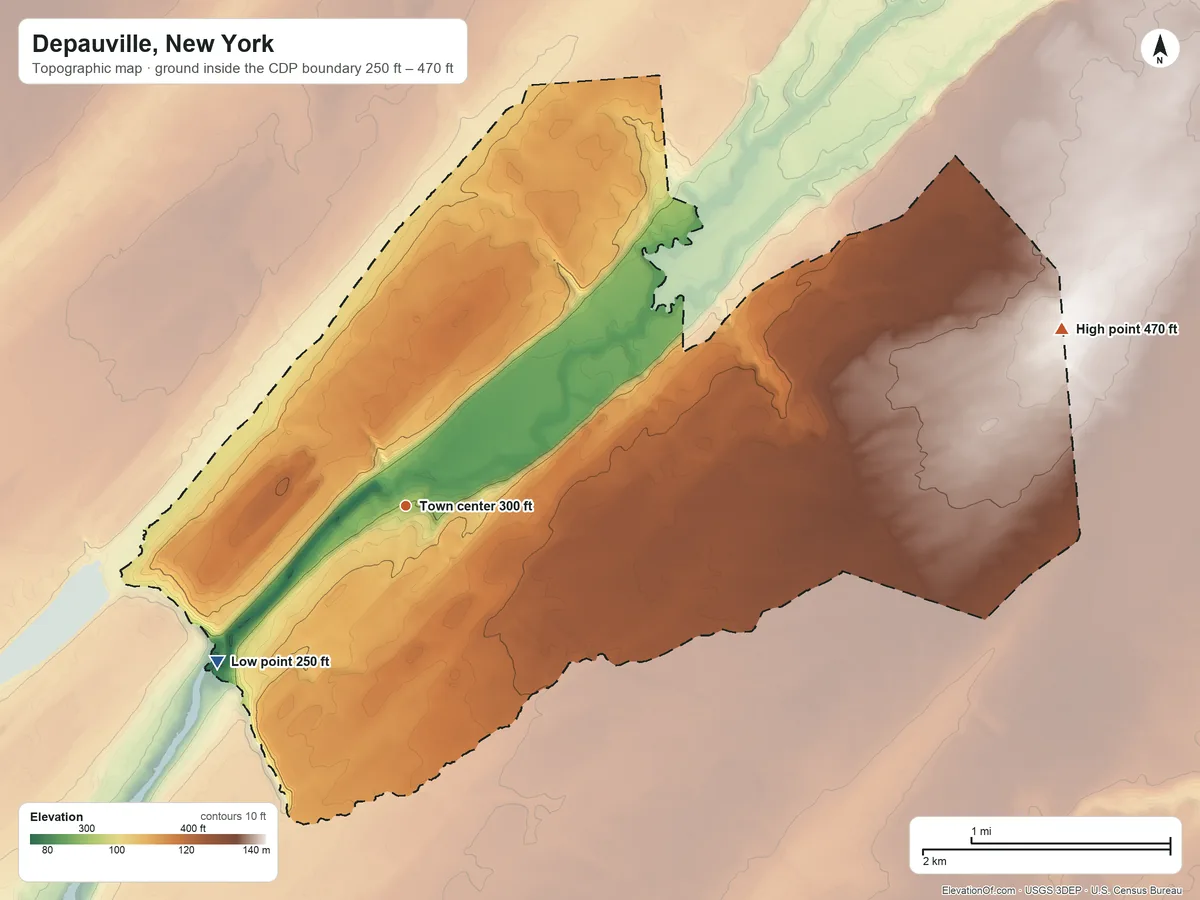 Topographic elevation map of Depauville, New York, shaded from 250 ft on the southwest side to 470 ft on the east side