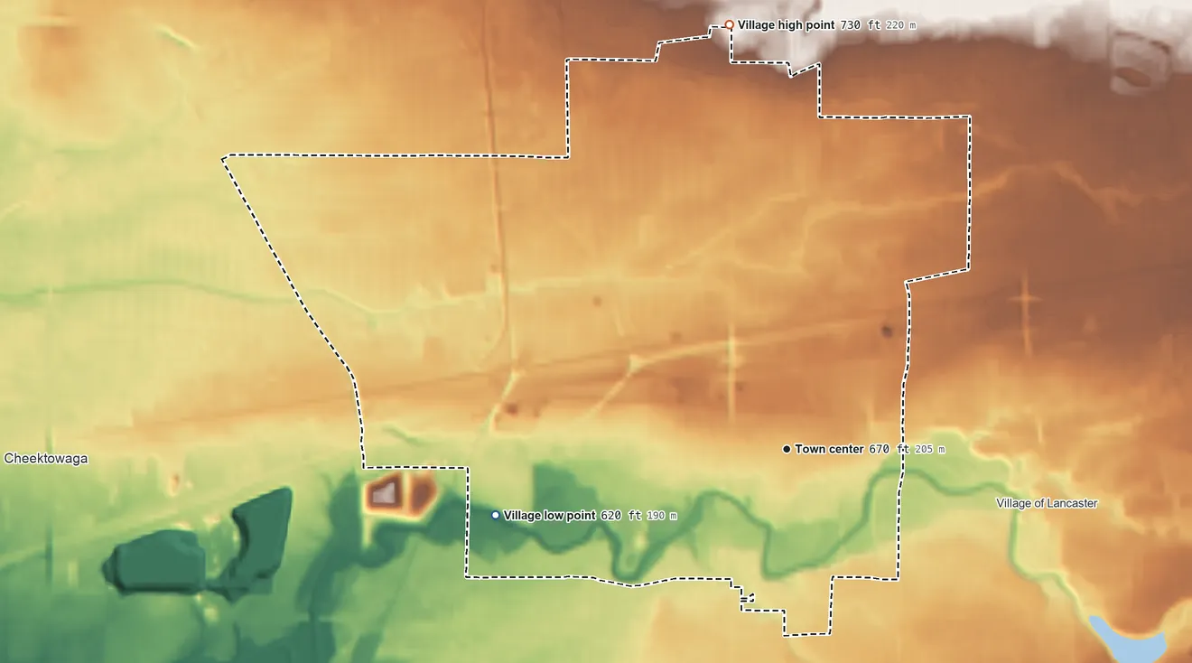 Topographic elevation map of Depew, New York, shaded from 620 ft on the west side to 730 ft on the north side