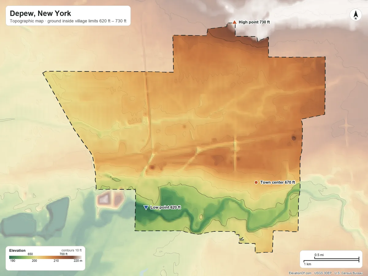 Topographic elevation map of Depew, New York, shaded from 620 ft on the west side to 730 ft on the north side