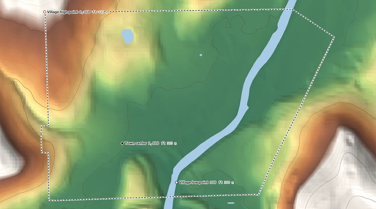 Topographic elevation map of Deposit, New York, shaded from 980 ft on the southeast side to 1,460 ft on the northwest edge, below higher ground just outside