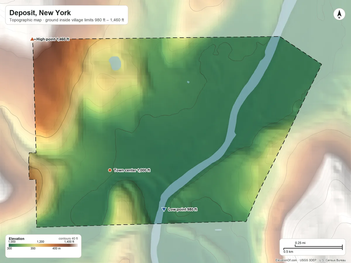 Topographic elevation map of Deposit, New York, shaded from 980 ft on the southeast side to 1,460 ft on the northwest edge, below higher ground just outside