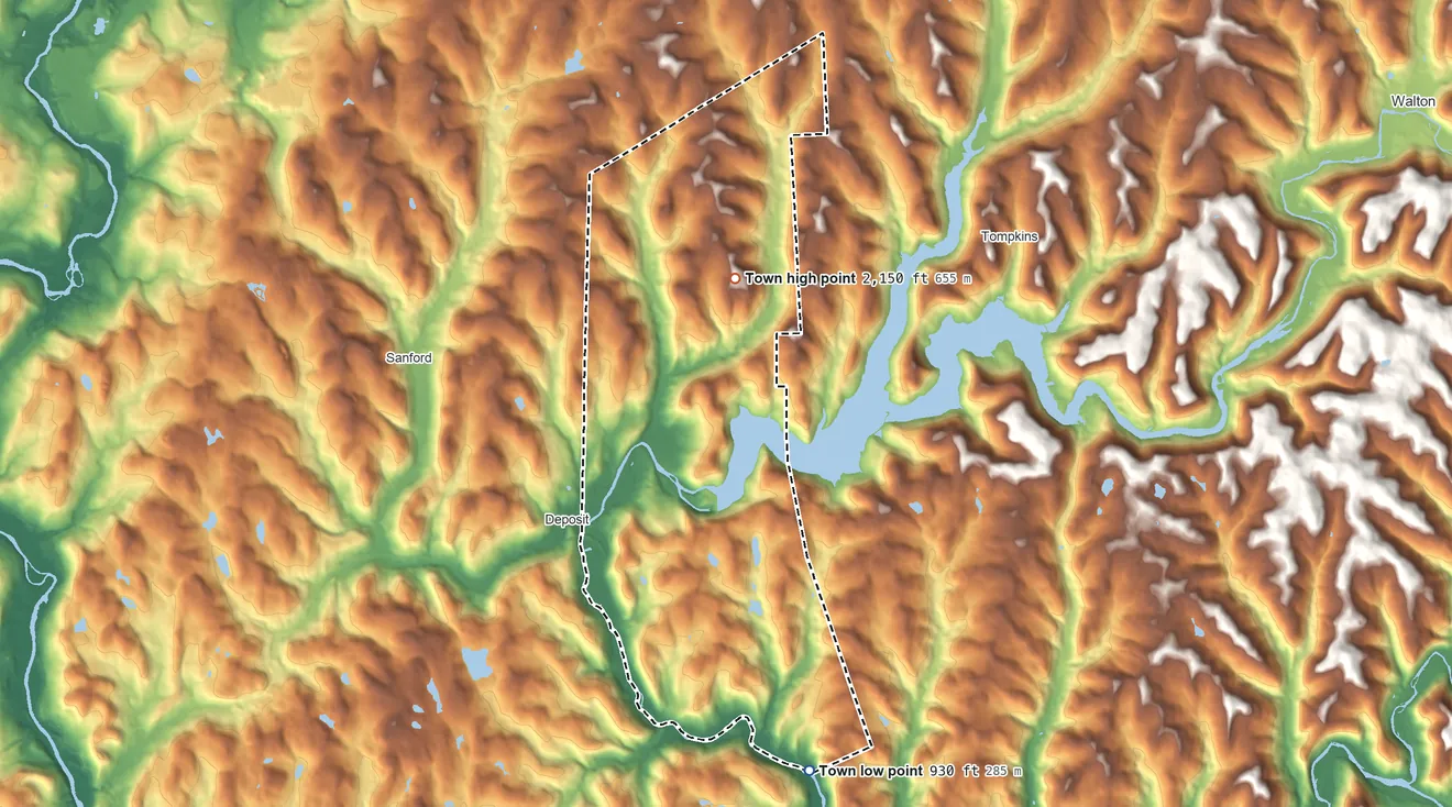 Topographic elevation map of Town of Deposit, New York, shaded from 930 ft on the southeast side to 2,150 ft on the northeast side