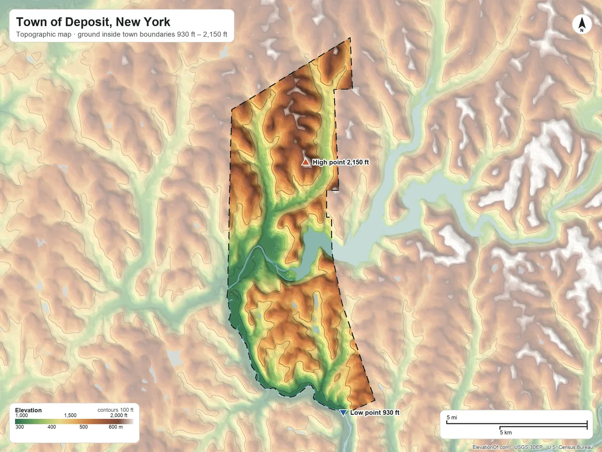 Topographic elevation map of Town of Deposit, New York, shaded from 930 ft on the southeast side to 2,150 ft on the northeast side