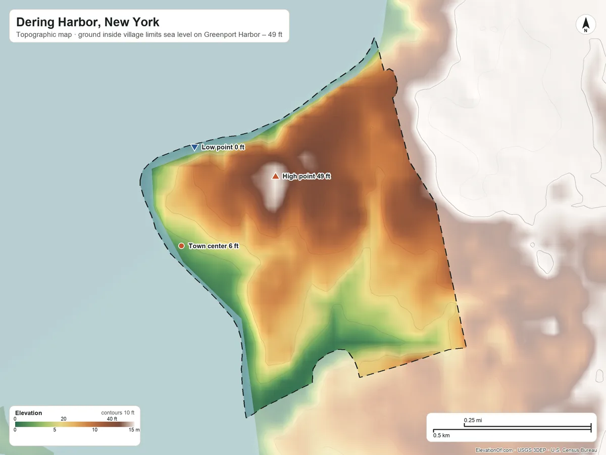 Topographic elevation map of Dering Harbor, New York, shaded from sea level level on Greenport Harbor to 49 ft on the northeast side