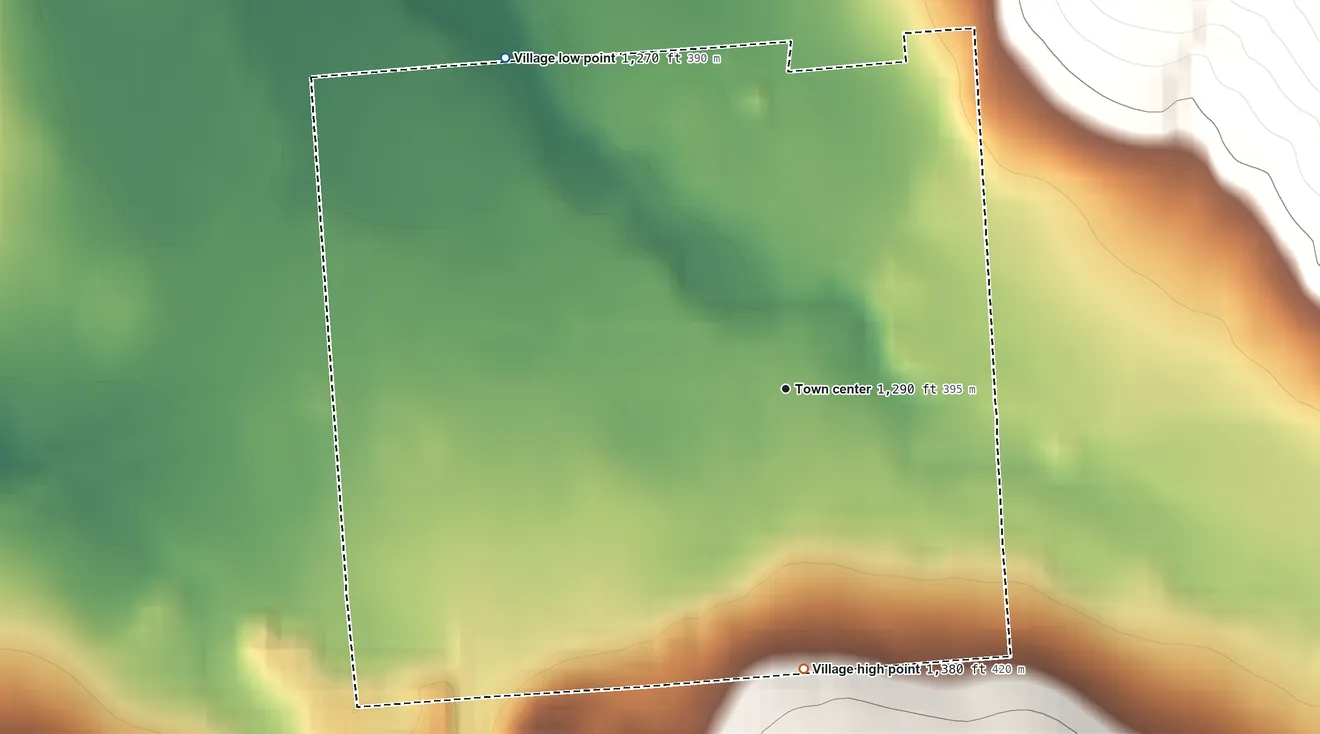 Topographic elevation map of Village of DeRuyter, New York, shaded from 1,270 ft on the northwest side to 1,380 ft on the south edge, below higher ground just outside