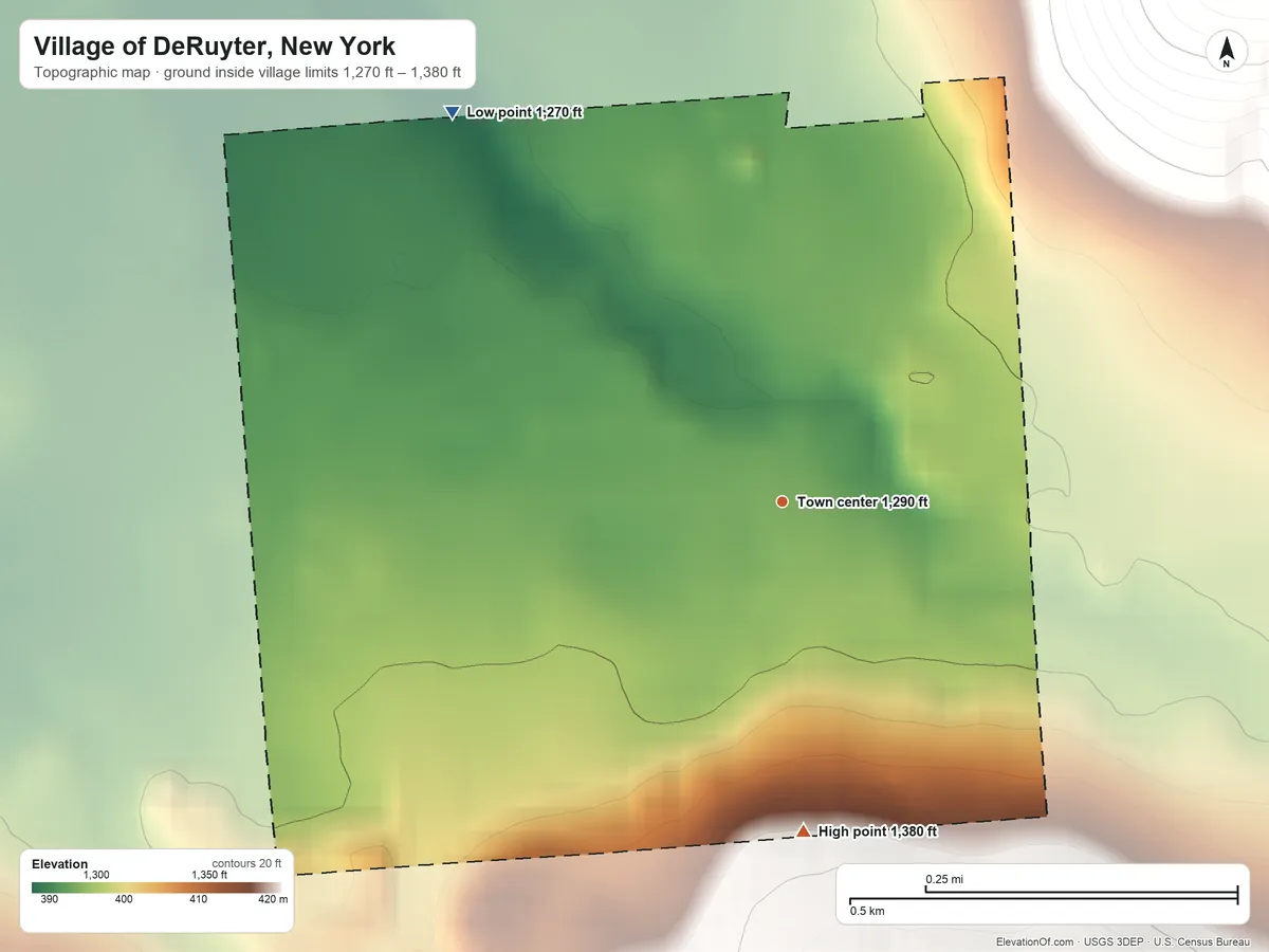 Topographic elevation map of Village of DeRuyter, New York, shaded from 1,270 ft on the northwest side to 1,380 ft on the south edge, below higher ground just outside