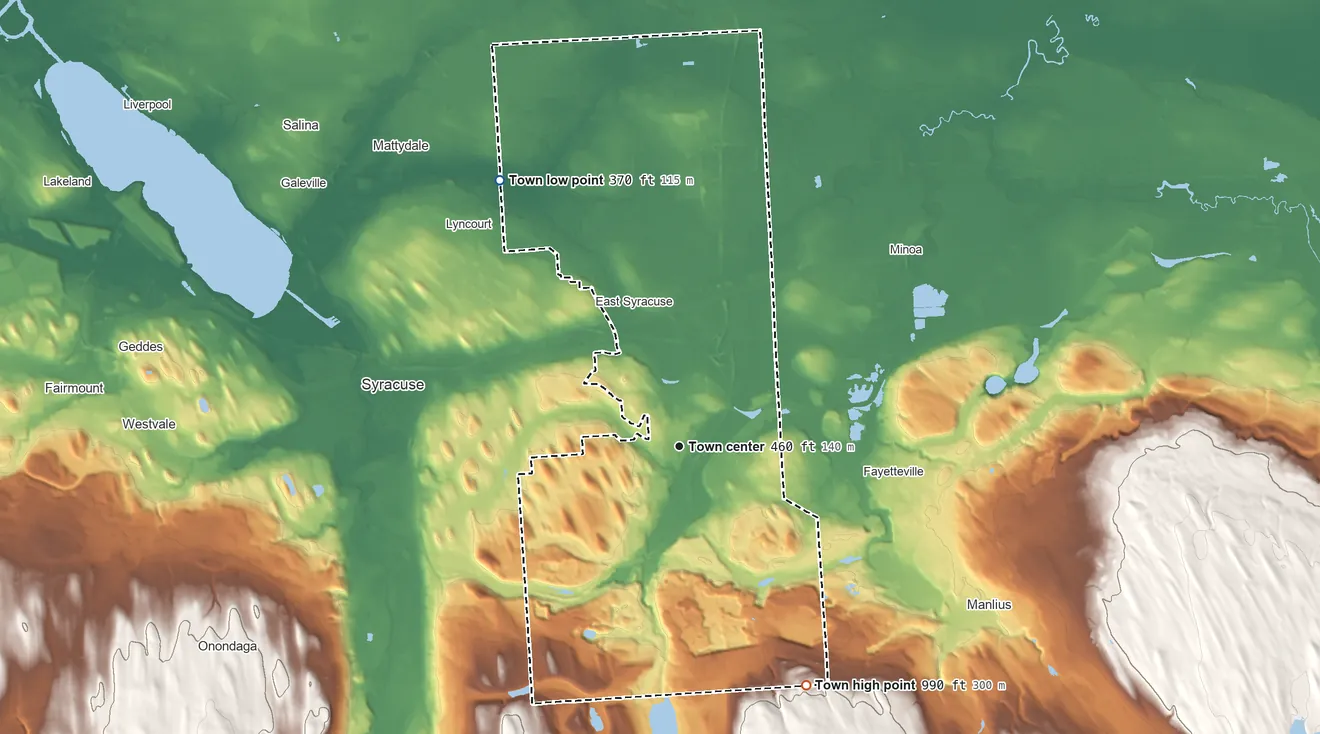 Topographic elevation map of DeWitt, New York, shaded from 370 ft on the northwest side to 990 ft on the southeast edge, below higher ground just outside