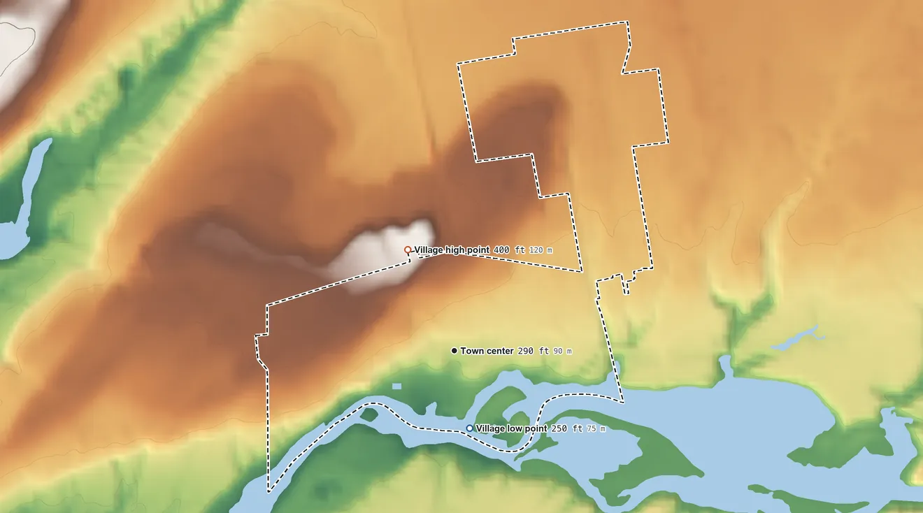 Topographic elevation map of Dexter, New York, shaded from 250 ft on the south side to 400 ft on the northwest side