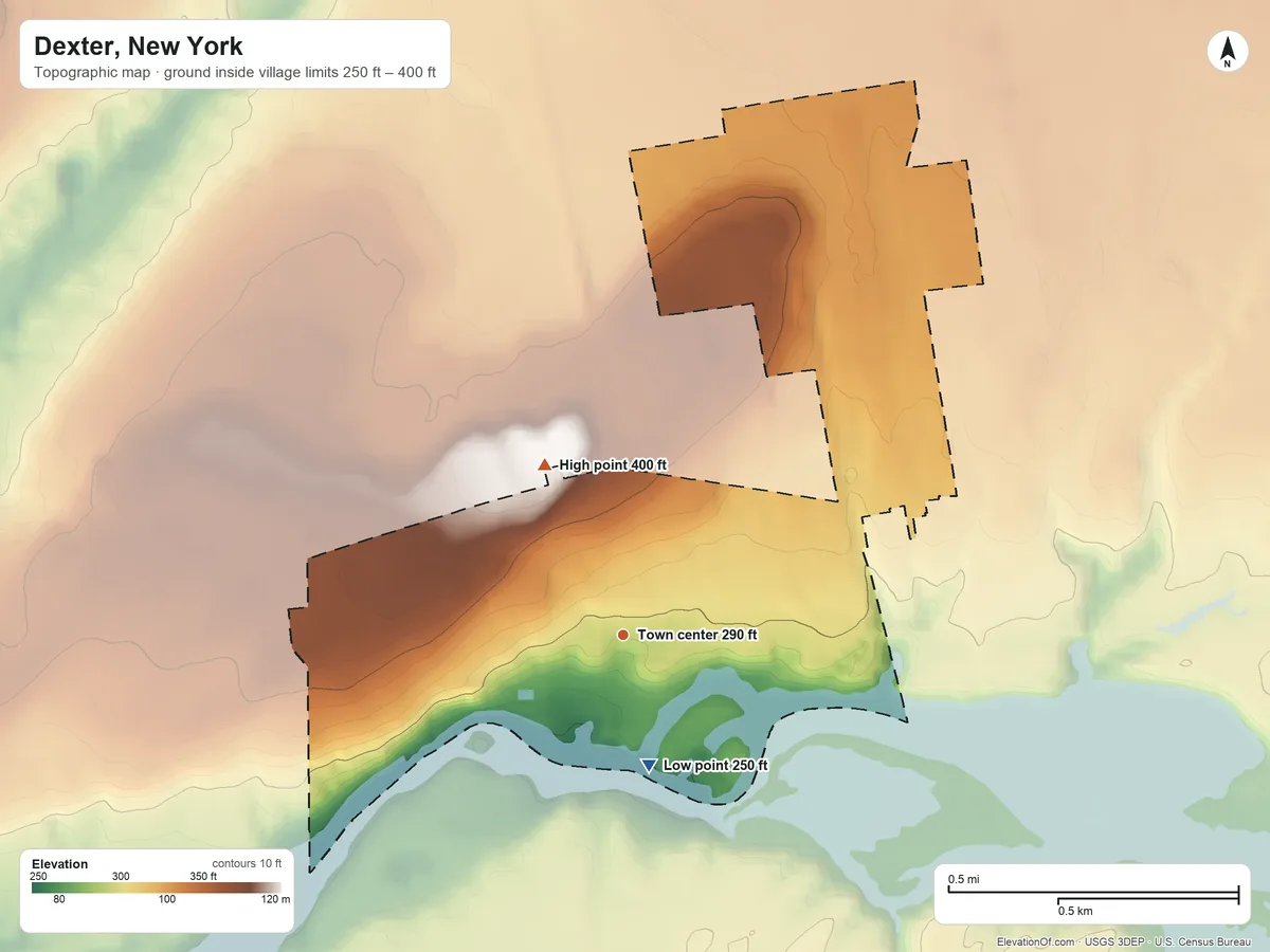 Topographic elevation map of Dexter, New York, shaded from 250 ft on the south side to 400 ft on the northwest side