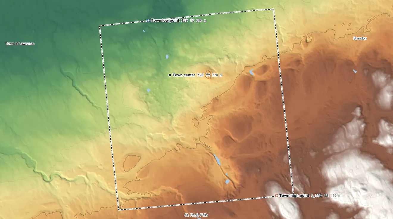 Topographic elevation map of Dickinson, Franklin County, New York, shaded from 450 ft on the north side to 1,550 ft on the southeast edge, below higher ground just outside