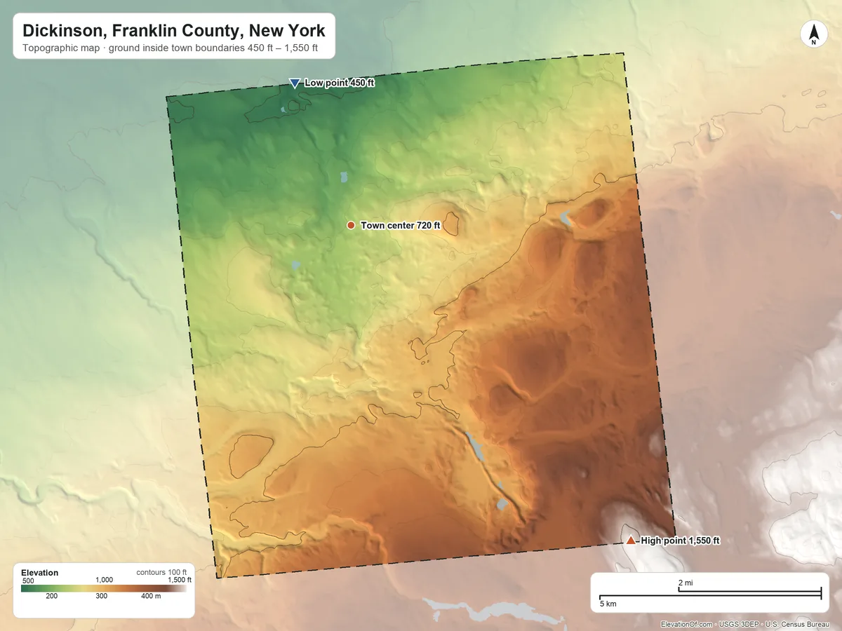 Topographic elevation map of Dickinson, Franklin County, New York, shaded from 450 ft on the north side to 1,550 ft on the southeast edge, below higher ground just outside