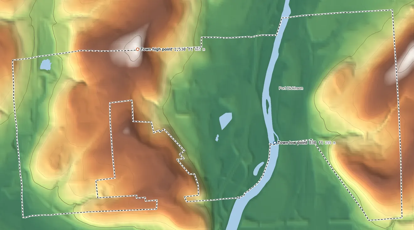Topographic elevation map of Dickinson, New York, shaded from 830 ft on the southeast side to 1,530 ft on the northwest side